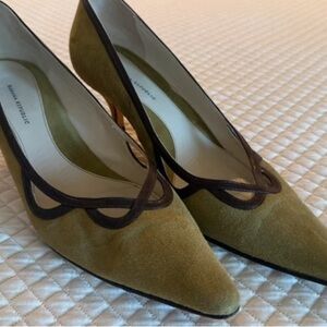 Banana Republic Olive Suede Pointed Pumps with Brown Trim